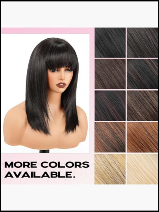 Natural Black Wig with Bangs Straight Layered Heat Resistant Shoulder Length main image 4